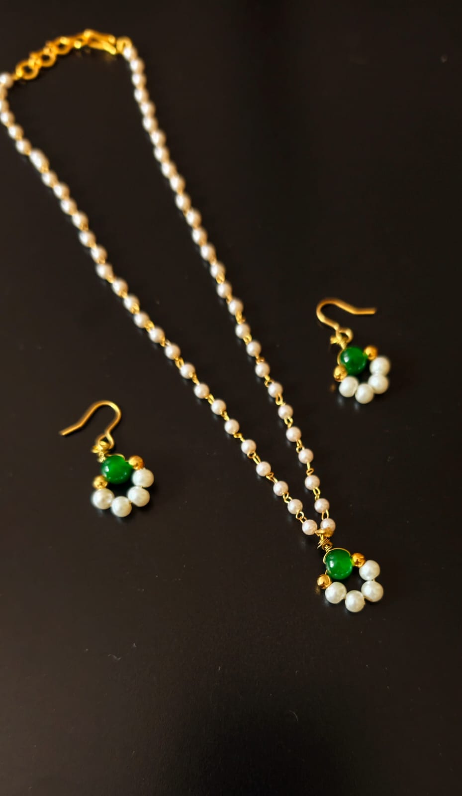 Dainty Pearl Chain Necklace With Green Bead Pendant With Hanging Earrings