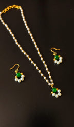 Dainty Pearl Chain Necklace With Green Bead Pendant With Hanging Earrings