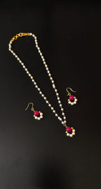 Dainty Pearl Chain Necklace With Pink Bead Pendant With Hanging Earrings