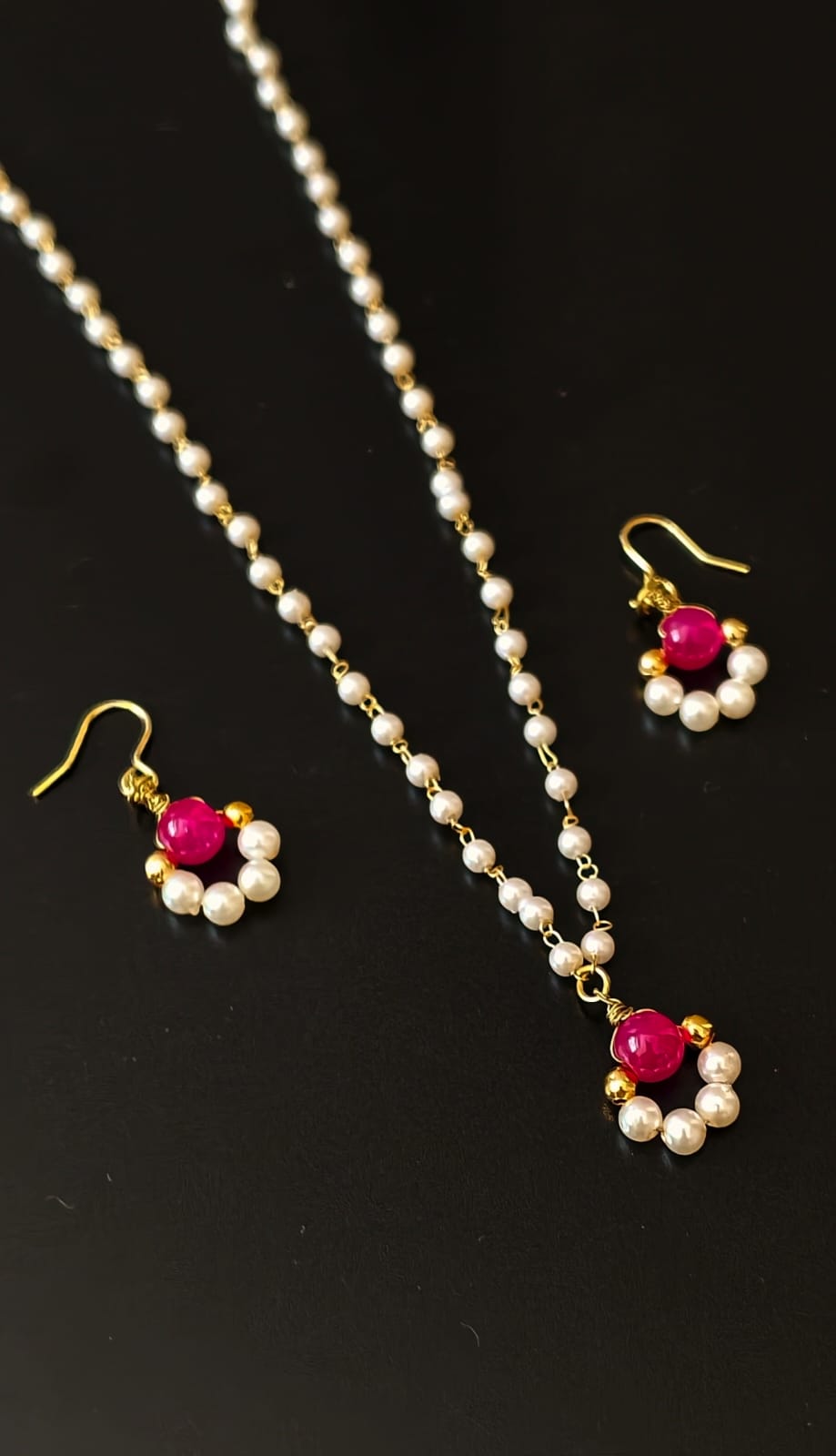 Dainty Pearl Chain Necklace With Pink Bead Pendant With Hanging Earrings