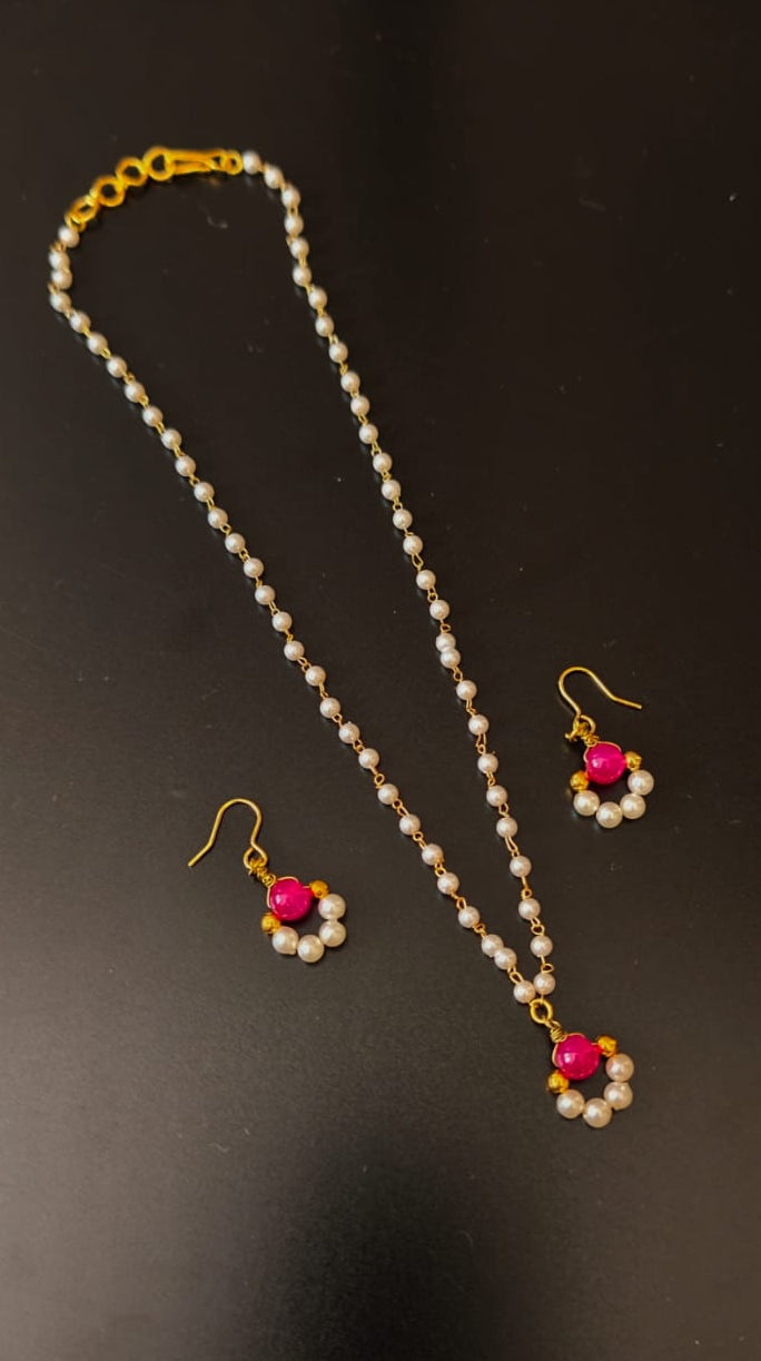 Dainty Pearl Chain Necklace With Pink Bead Pendant With Hanging Earrings