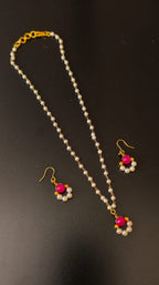 Dainty Pearl Chain Necklace With Pink Bead Pendant With Hanging Earrings