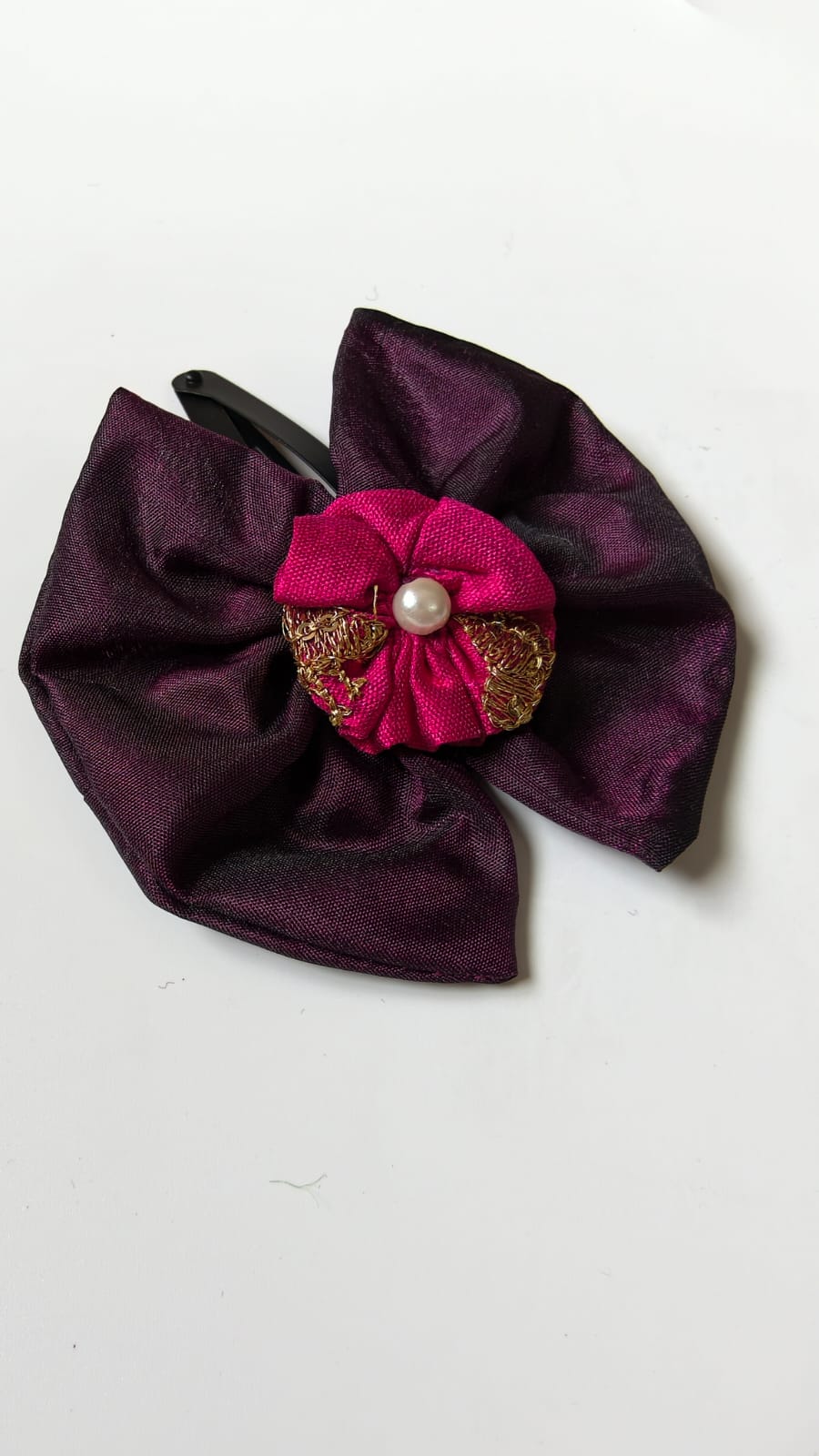 Wine Colored Handcrafted Mysore Silk Bow Motif Hairclip