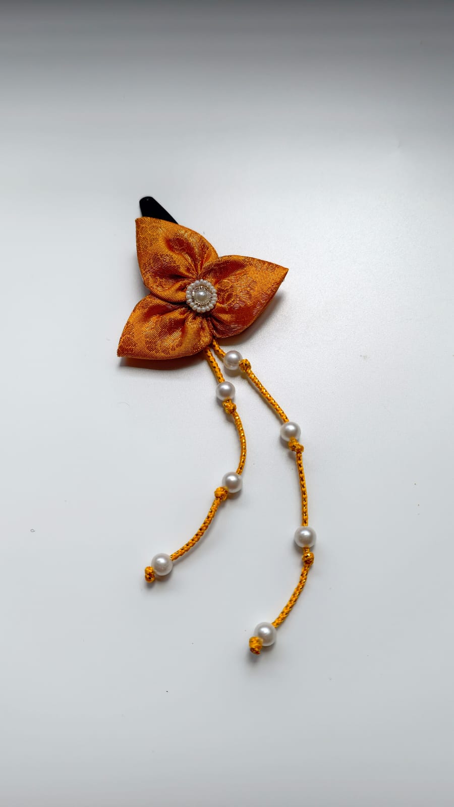 Bilwa Yellow Fabric Hairclip With Dangling Pearls Strands