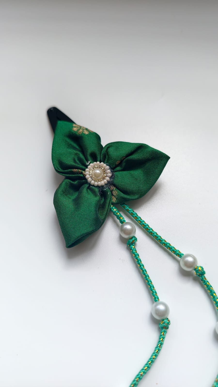 Bilwa Bottle Green Fabric Hairclip With Dangling Pearls Strands