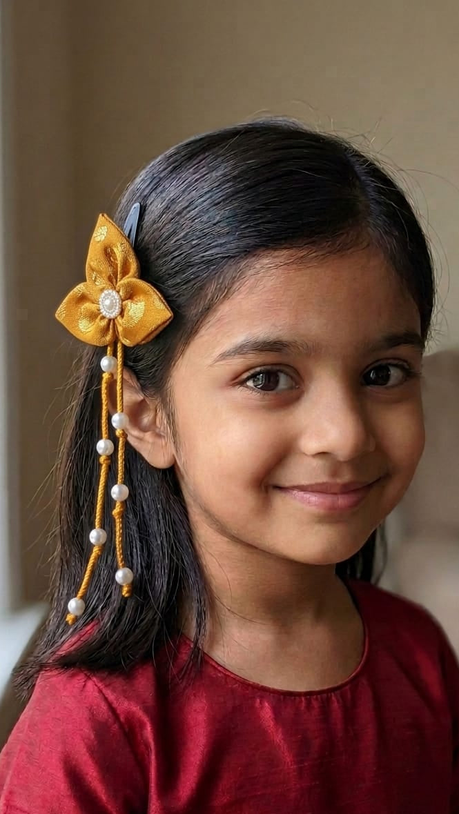 Bilwa Yellow Fabric Hairclip With Dangling Pearls Strands