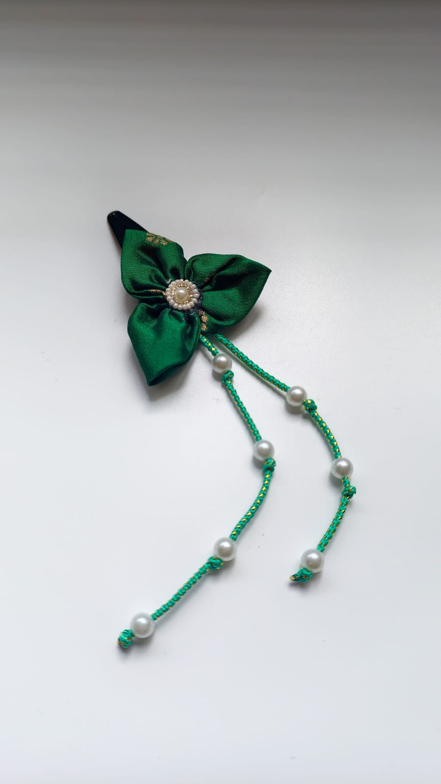 Bilwa Bottle Green Fabric Hairclip With Dangling Pearls Strands