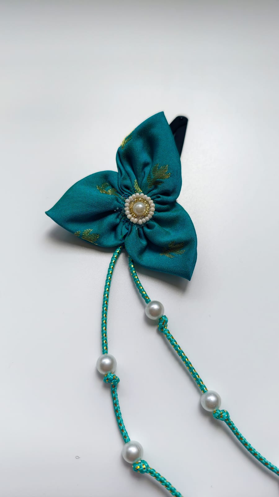 Bilwa Rama Green Fabric Hairclip With Dangling Pearls Strands