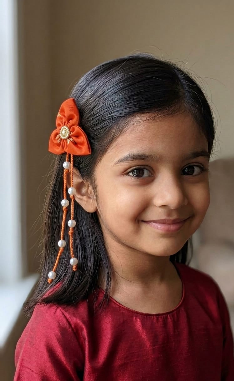 Bilwa Orange Fabric Hairclip With Dangling Pearls Strands