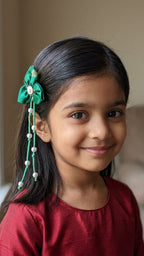 Bilwa Bottle Green Fabric Hairclip With Dangling Pearls Strands