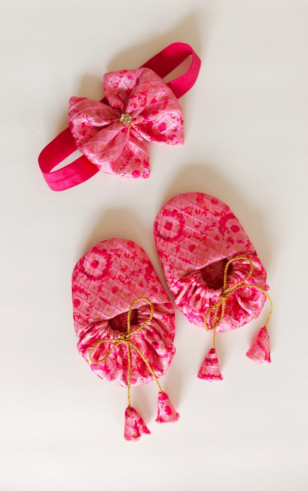 Handcrafted Pink Printed Baby Booties & Matching Headband Set