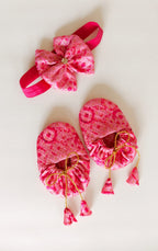 Handcrafted Pink Printed Baby Booties & Matching Headband Set