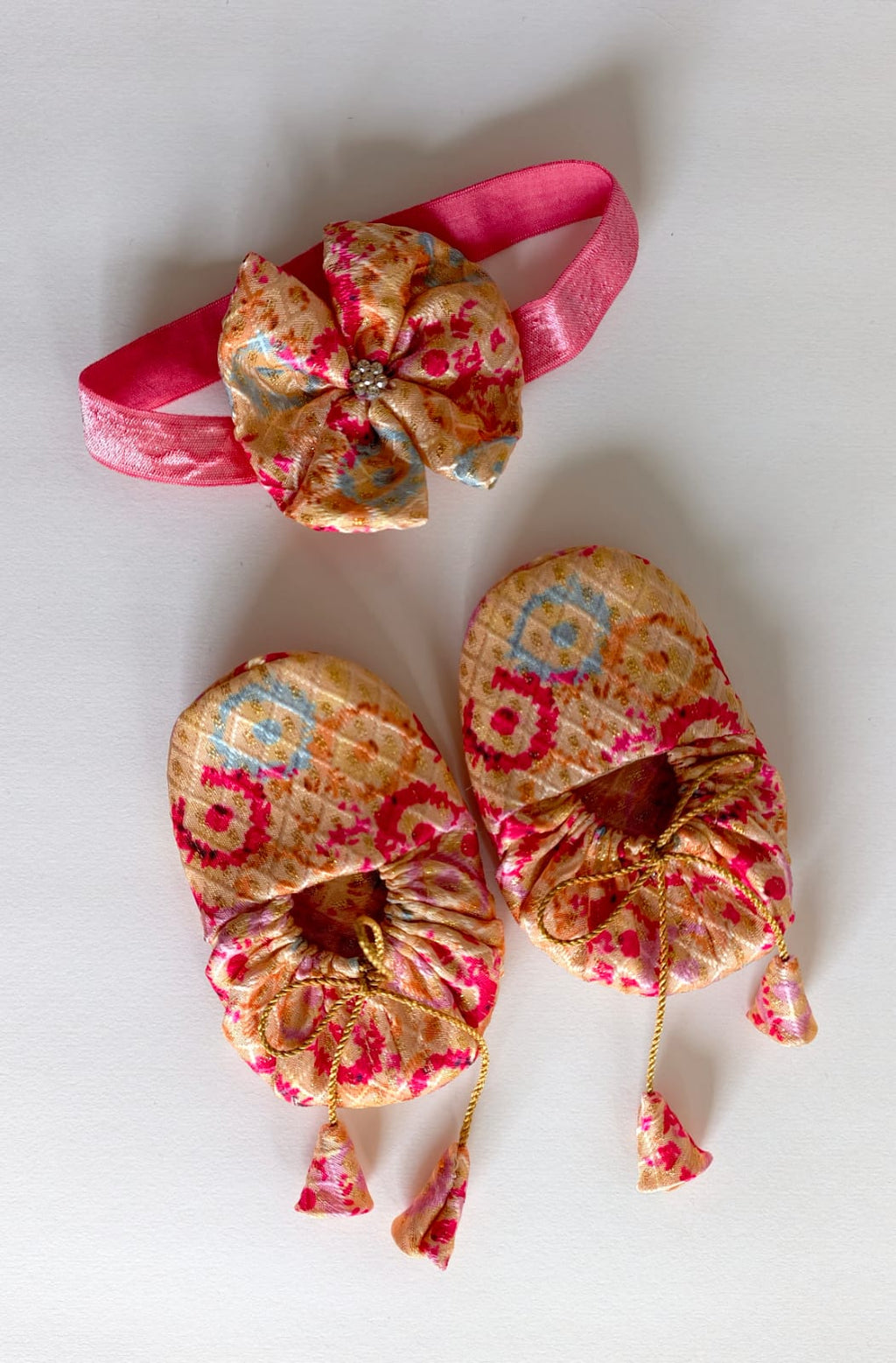 Handcrafted Yellow Printed Baby Booties & Matching Headband Set