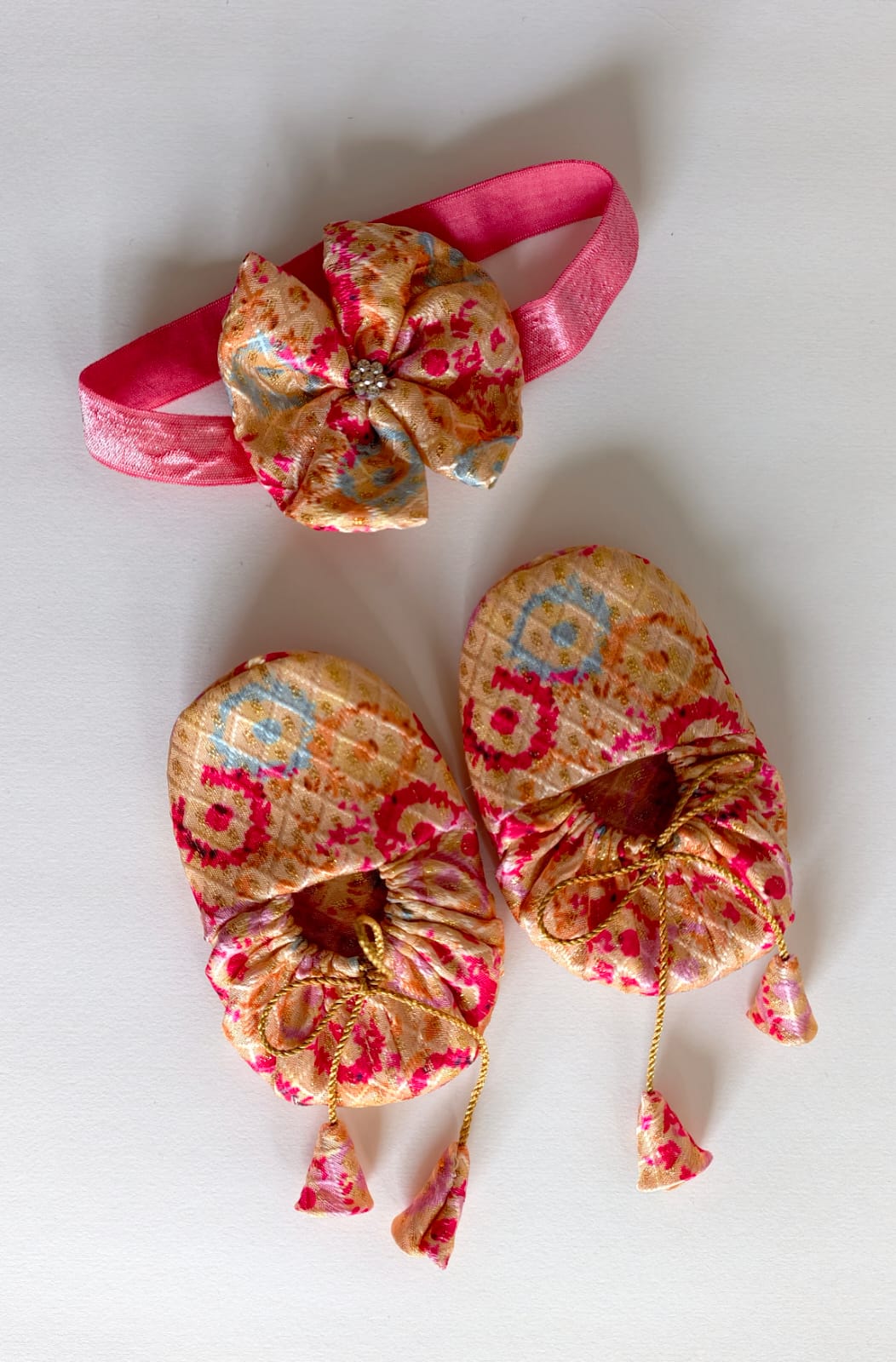 Handcrafted Yellow Printed Baby Booties & Matching Headband Set