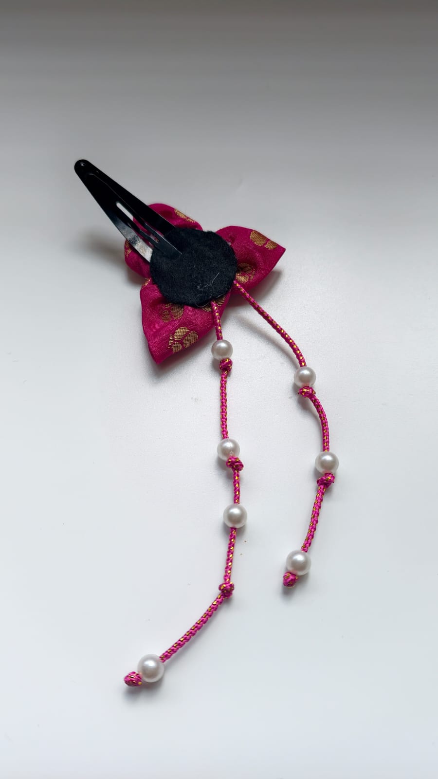 Bilwa Dark Pink Fabric Hairclip With Dangling Pearls Strands