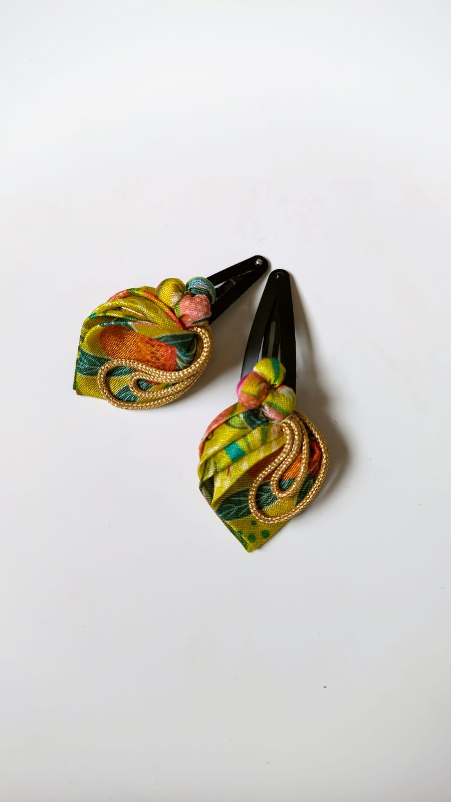 Olive Set of Two Printed Silk Fabric Handcrafted Flower Bud Clips For Girls