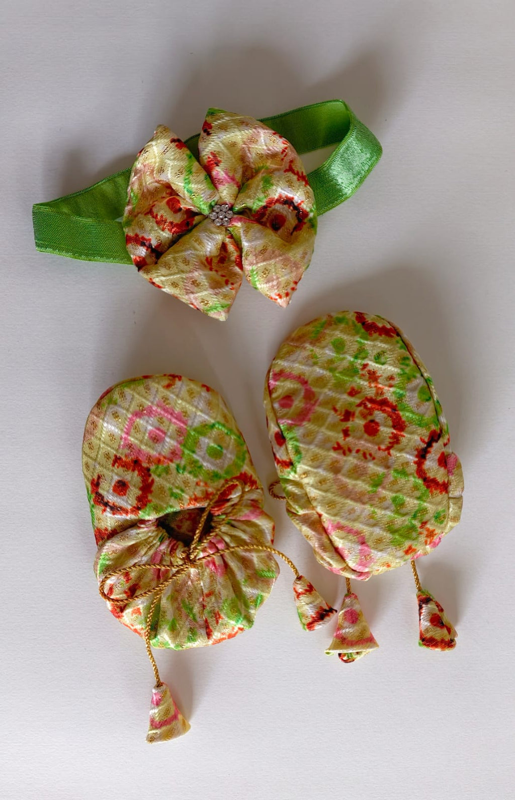 Handcrafted Parrot Green Printed Baby Booties & Matching Headband Set