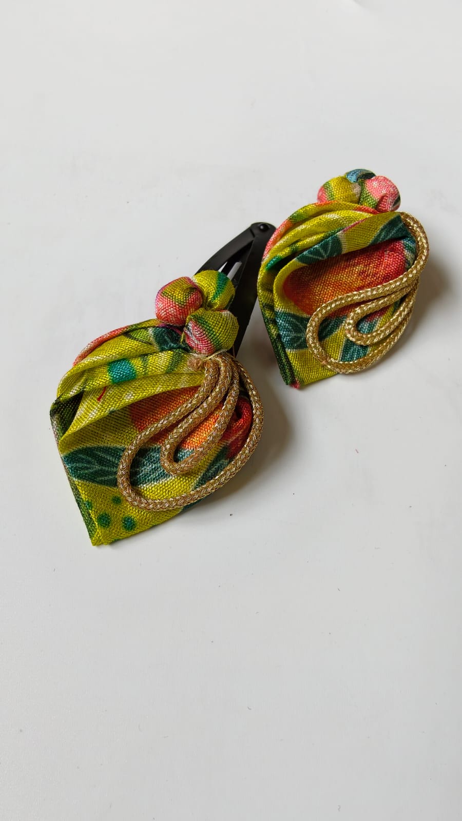 Olive Set of Two Printed Silk Fabric Handcrafted Flower Bud Clips For Girls