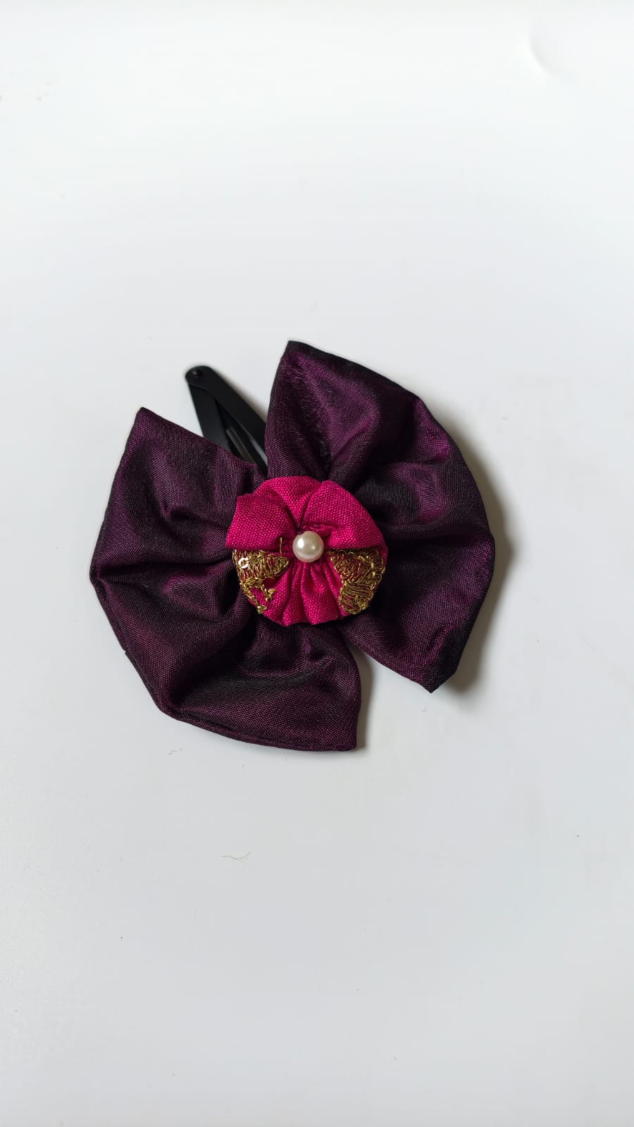 Wine Colored Handcrafted Mysore Silk Bow Motif Hairclip