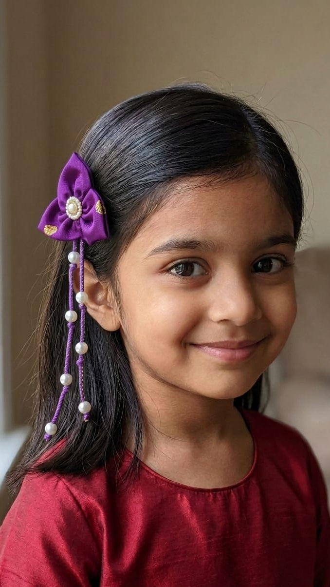 Bilwa Purple Fabric Hairclip With Dangling Pearls Strands