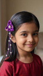 Bilwa Purple Fabric Hairclip With Dangling Pearls Strands