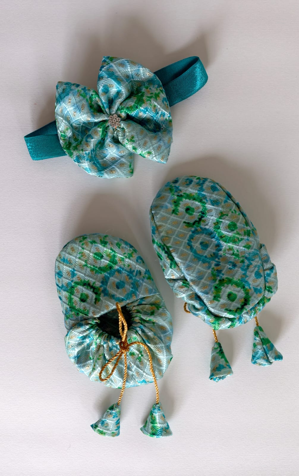 Handcrafted Teal Blue Printed Baby Booties & Matching Headband Set