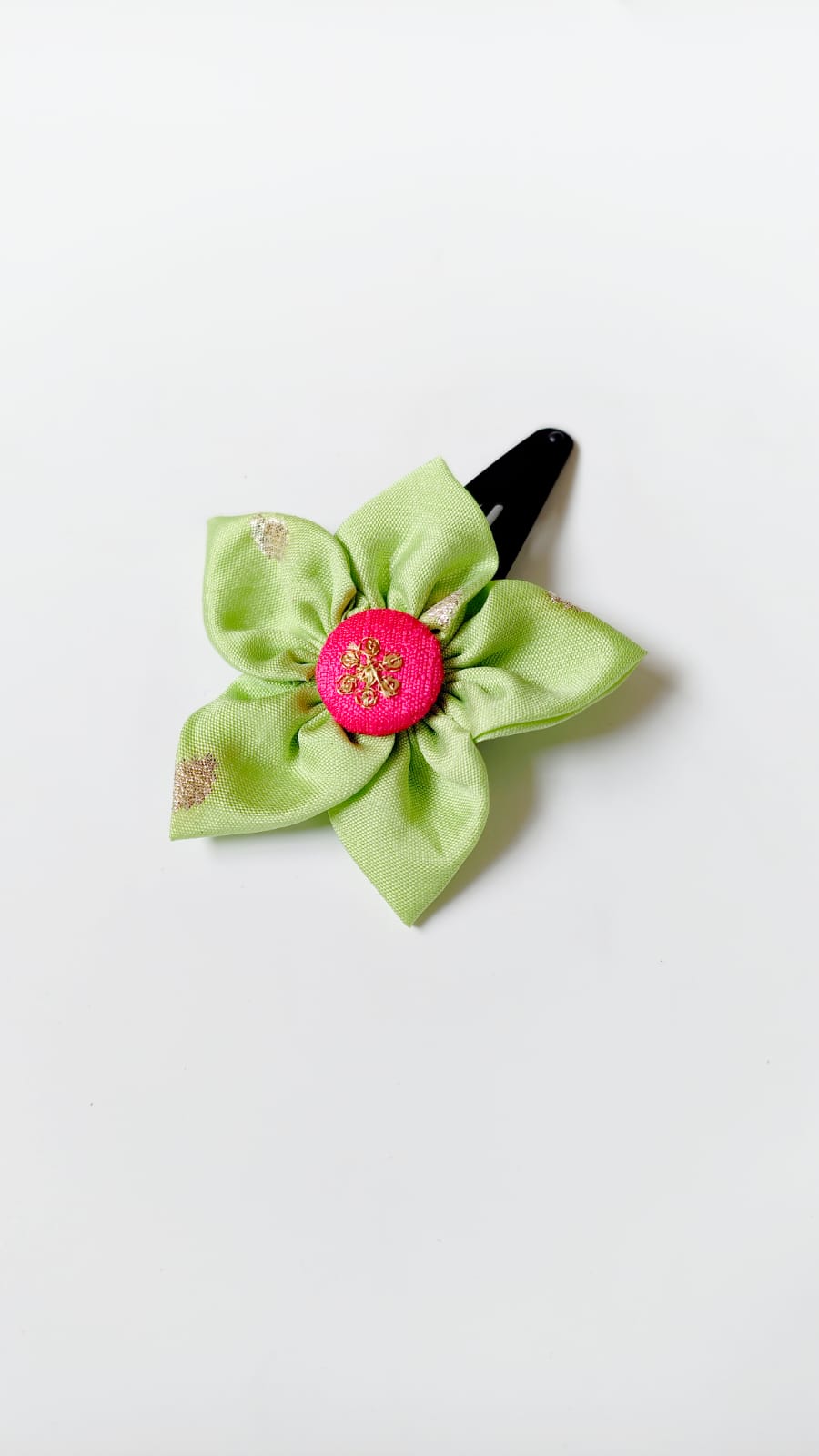 Lime Green Five Petals Handcrafted Taffeta Silk Flower Motif Hairclip