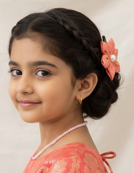 Sadabahar set - Coral Pink Glass beads necklace and matching flower clip for Girls