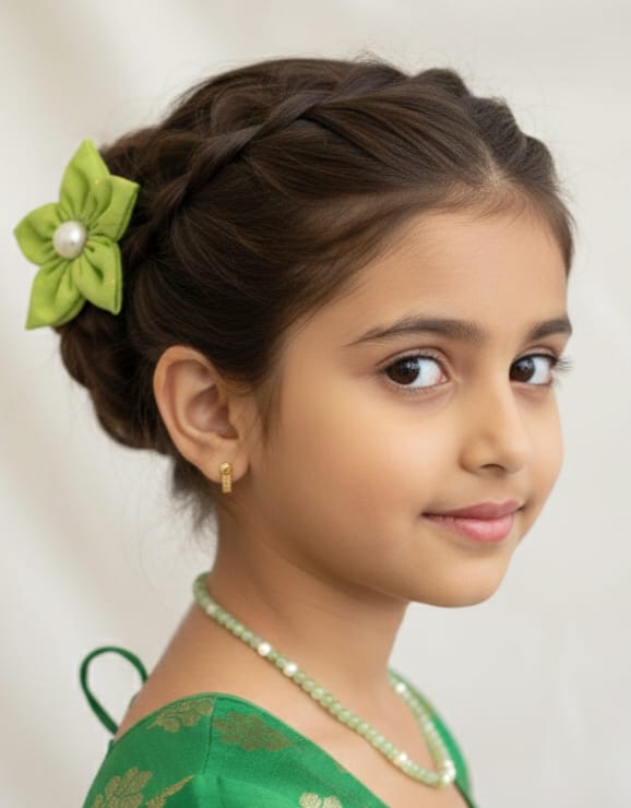 Sadabahar set - Lime Green Glass beads necklace and matching flower clip for Girls