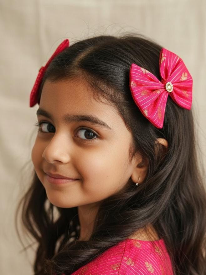 Fuchsia Pink  Set of two brocade fabric bow tic tac clips for Girls
