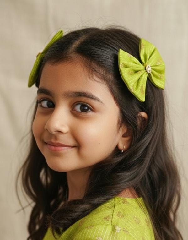 Lime Green Set of two brocade fabric bow tic tac clips for Girls