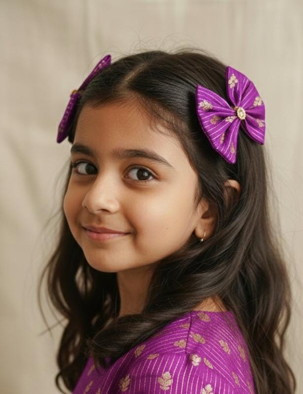 Purple Set of two brocade fabric bow tic tac clips for Girls