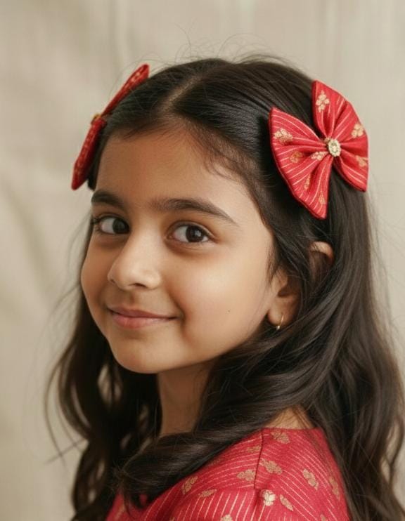 Red Set of two brocade fabric bow tic tac clips for Girls
