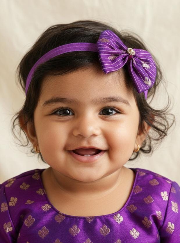 Purple Brocade fabric Bow with stone embellishment, Elasticated headband for a Newborn Baby girl.