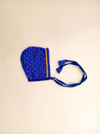 Kiran Set - Royal Blue Soft Brocade Silk front open Unisex Jhabala with muniya border teamed with matching bloomer and bonnet for newborn baby