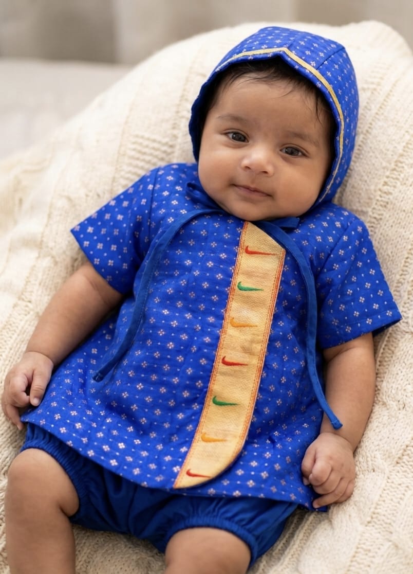 Kiran Set - Royal Blue Soft Brocade Silk front open Unisex Jhabala with muniya border teamed with matching bloomer and bonnet for newborn baby