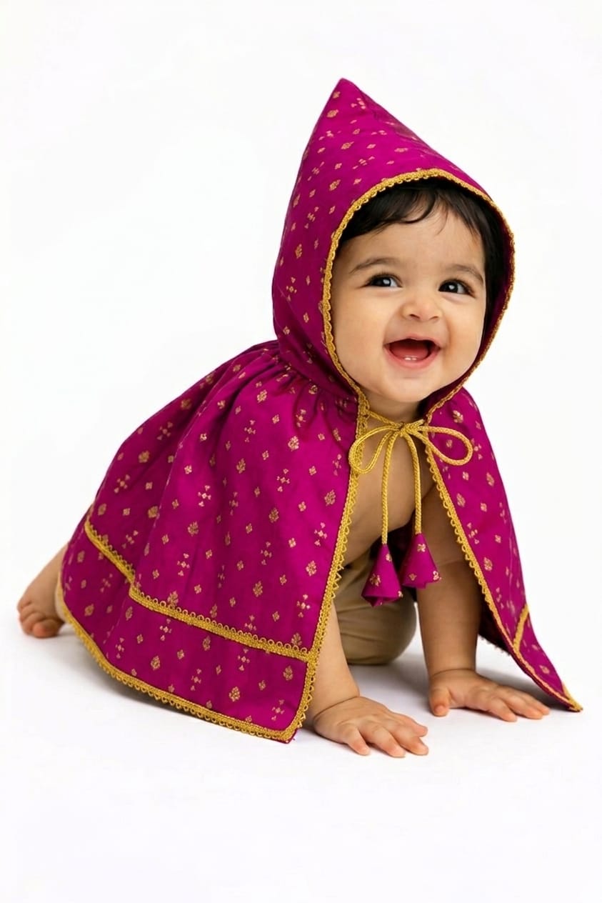 Rani Pink brocade silk unisex kunchi with beautiful golden lace for New Born Baby