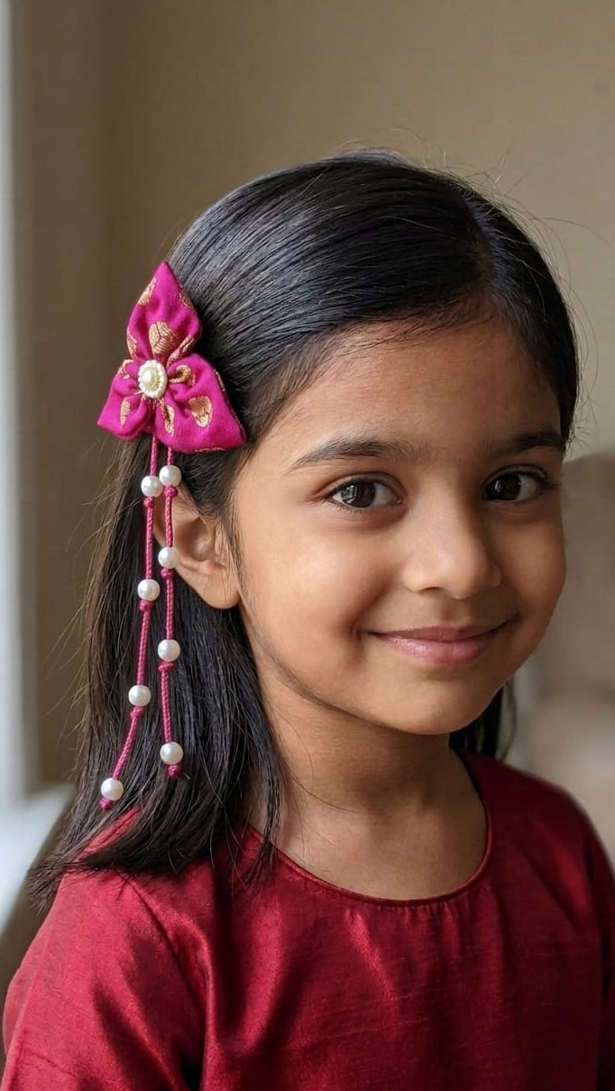 Bilwa Dark Pink Fabric Hairclip With Dangling Pearls Strands