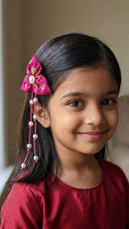 Bilwa Dark Pink Fabric Hairclip With Dangling Pearls Strands