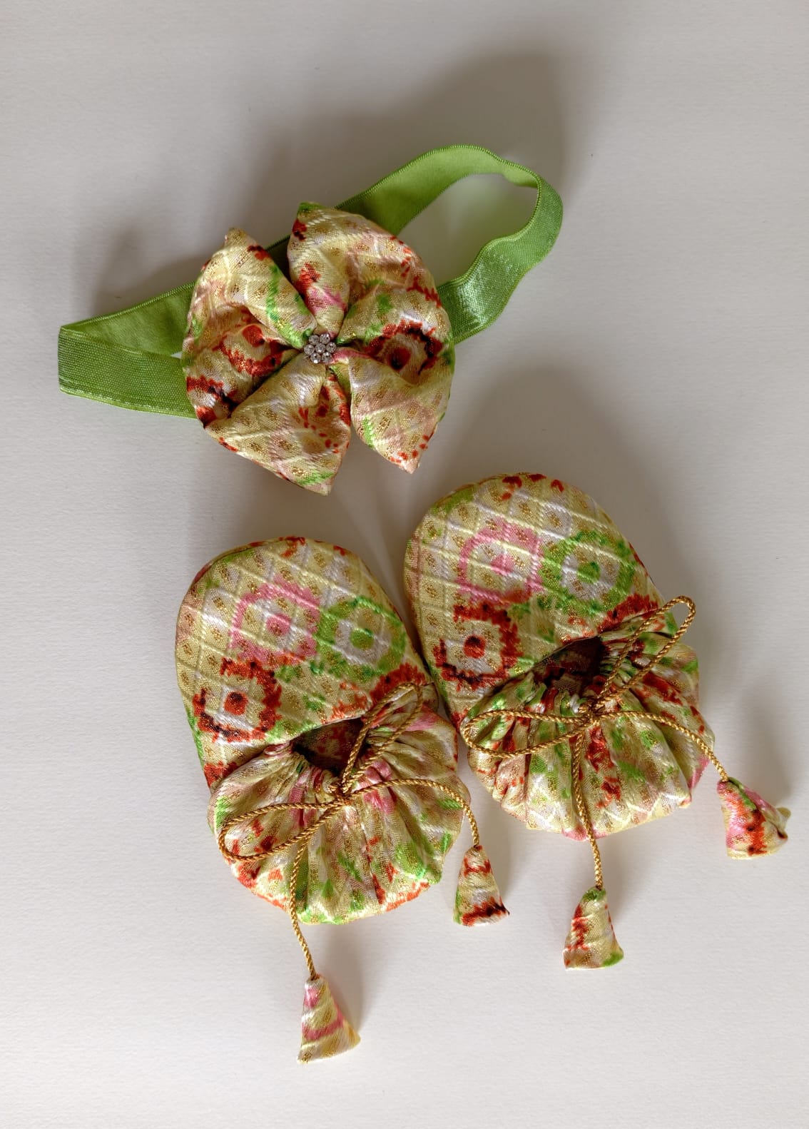 Handcrafted Parrot Green Printed Baby Booties & Matching Headband Set