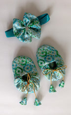 Handcrafted Teal Blue Printed Baby Booties & Matching Headband Set