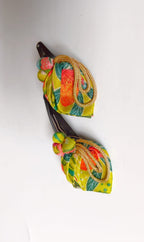 Olive Set of Two Printed Silk Fabric Handcrafted Flower Bud Clips For Girls