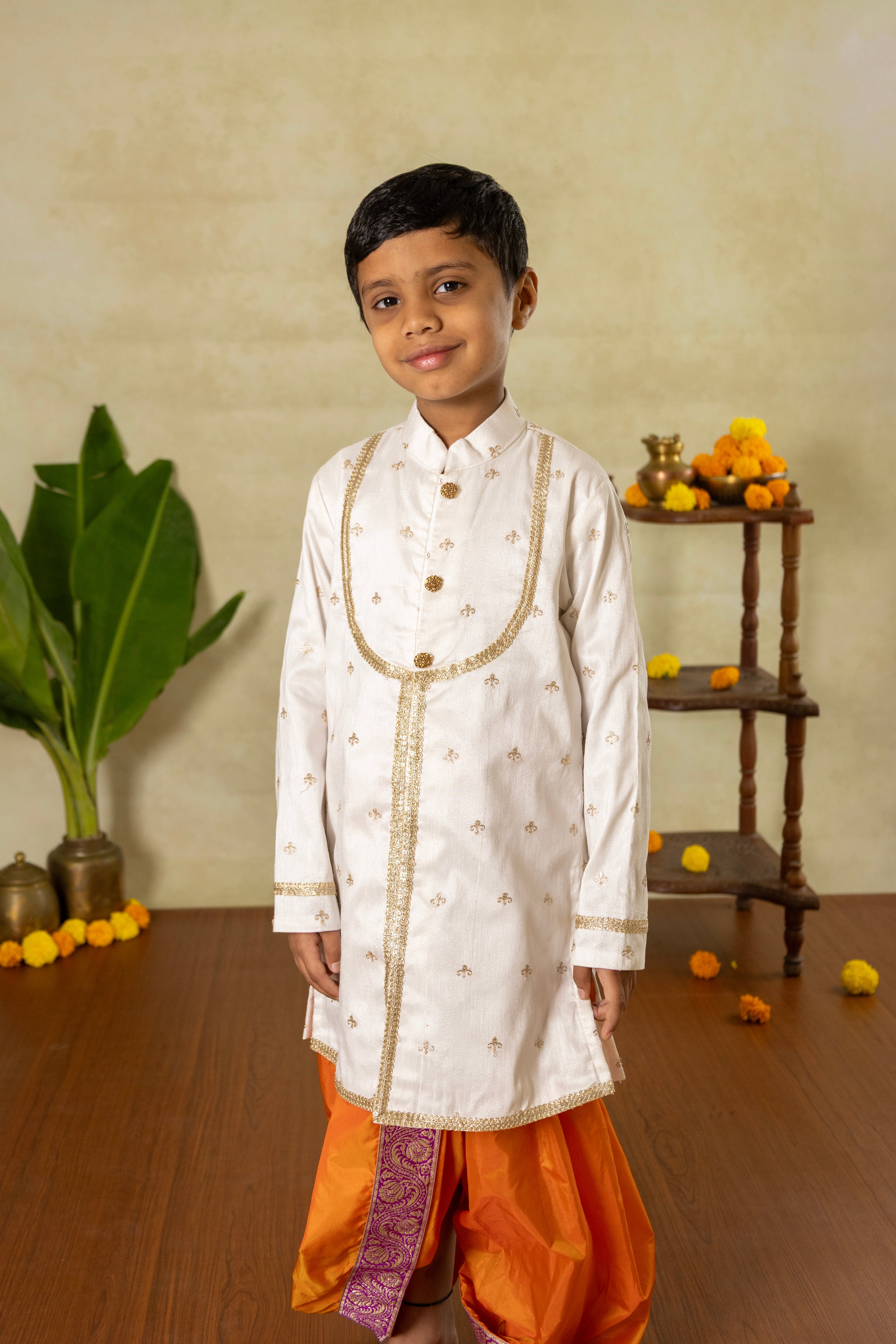 White raw silk yoke pattern only kurta with all over intricate zari embroidery for Batu
