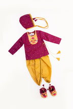 Rajas Set - Plum brocade Angarakha kurta with intricate Peacock Paithani yoke teamed with golden pooja silk dhoti for newborn baby boy