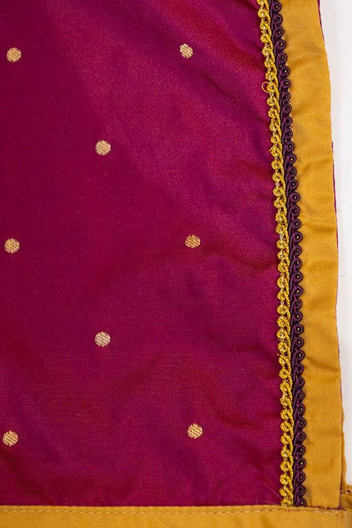 Rajas Set - Plum brocade Angarakha kurta with intricate Peacock Paithani yoke teamed with golden pooja silk dhoti for newborn baby boy