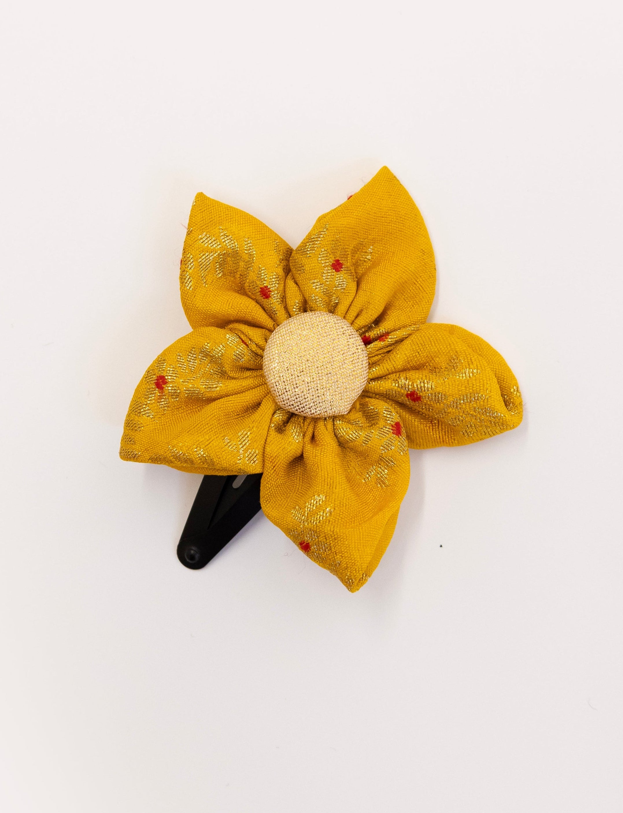 Yellow Five petals handmade brocade silk fabric flower hairclip for girls