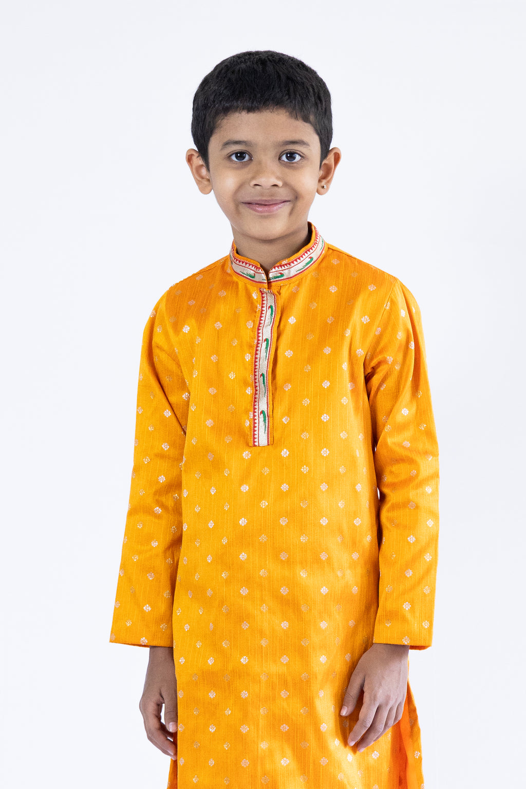 Mustard raw silk with jari butti , paithani collared kurta with red cotton silk salwar for boys