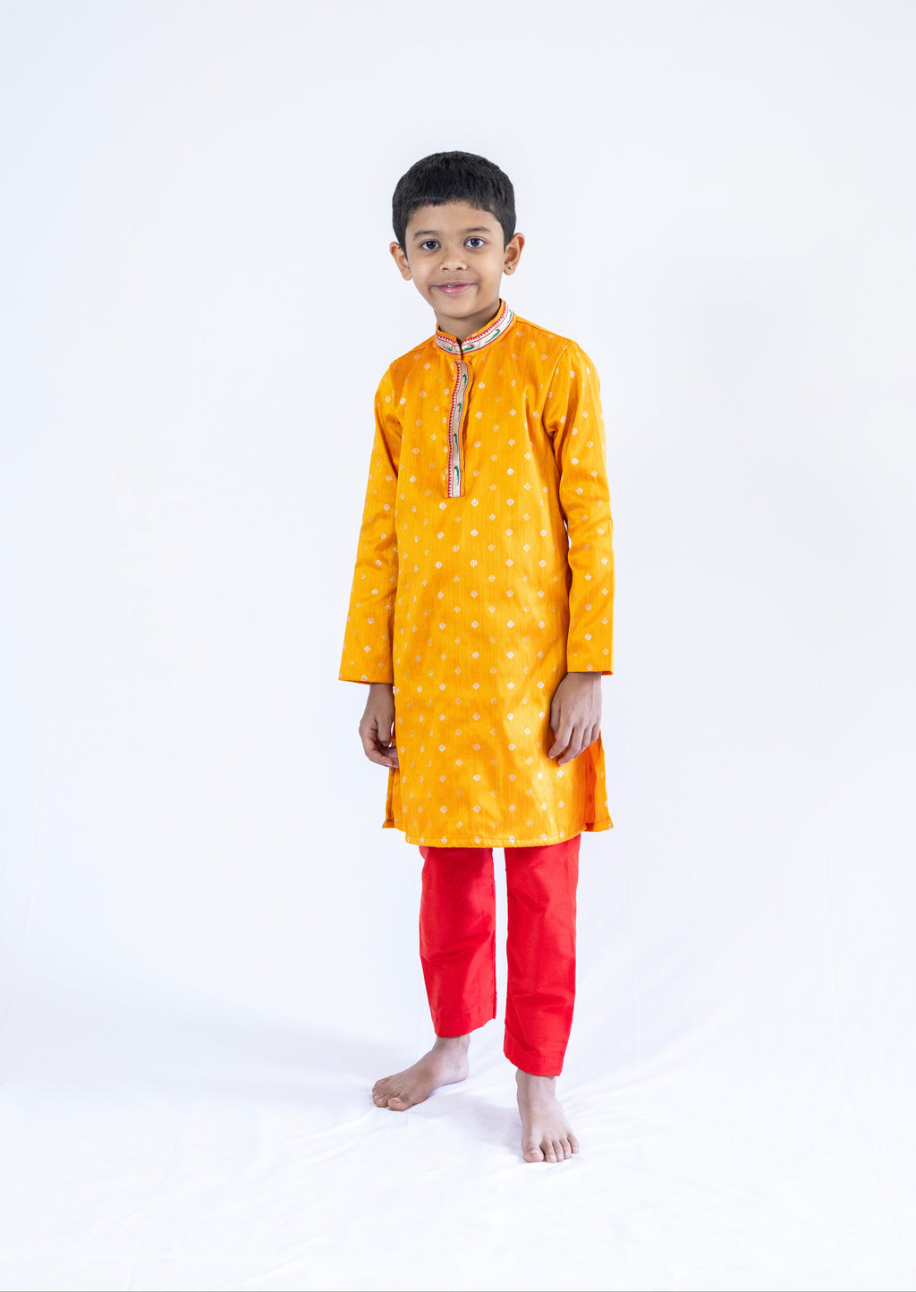 Mustard raw silk with jari butti , paithani collared kurta with red cotton silk salwar for boys