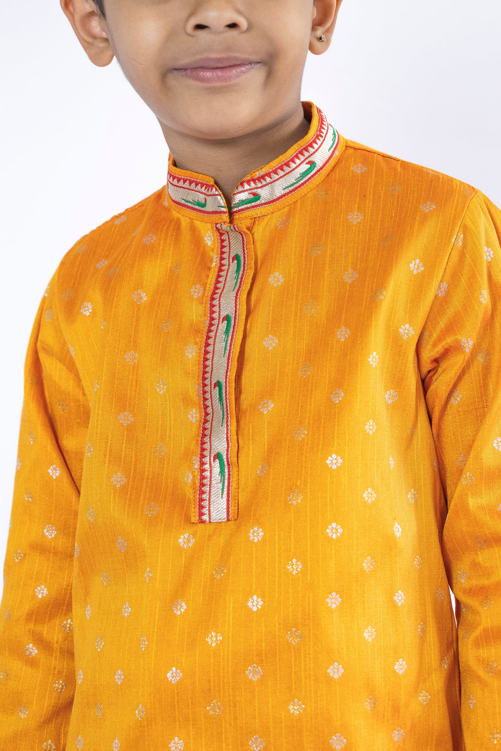 Mustard raw silk with jari butti , paithani collared kurta with red cotton silk salwar for boys