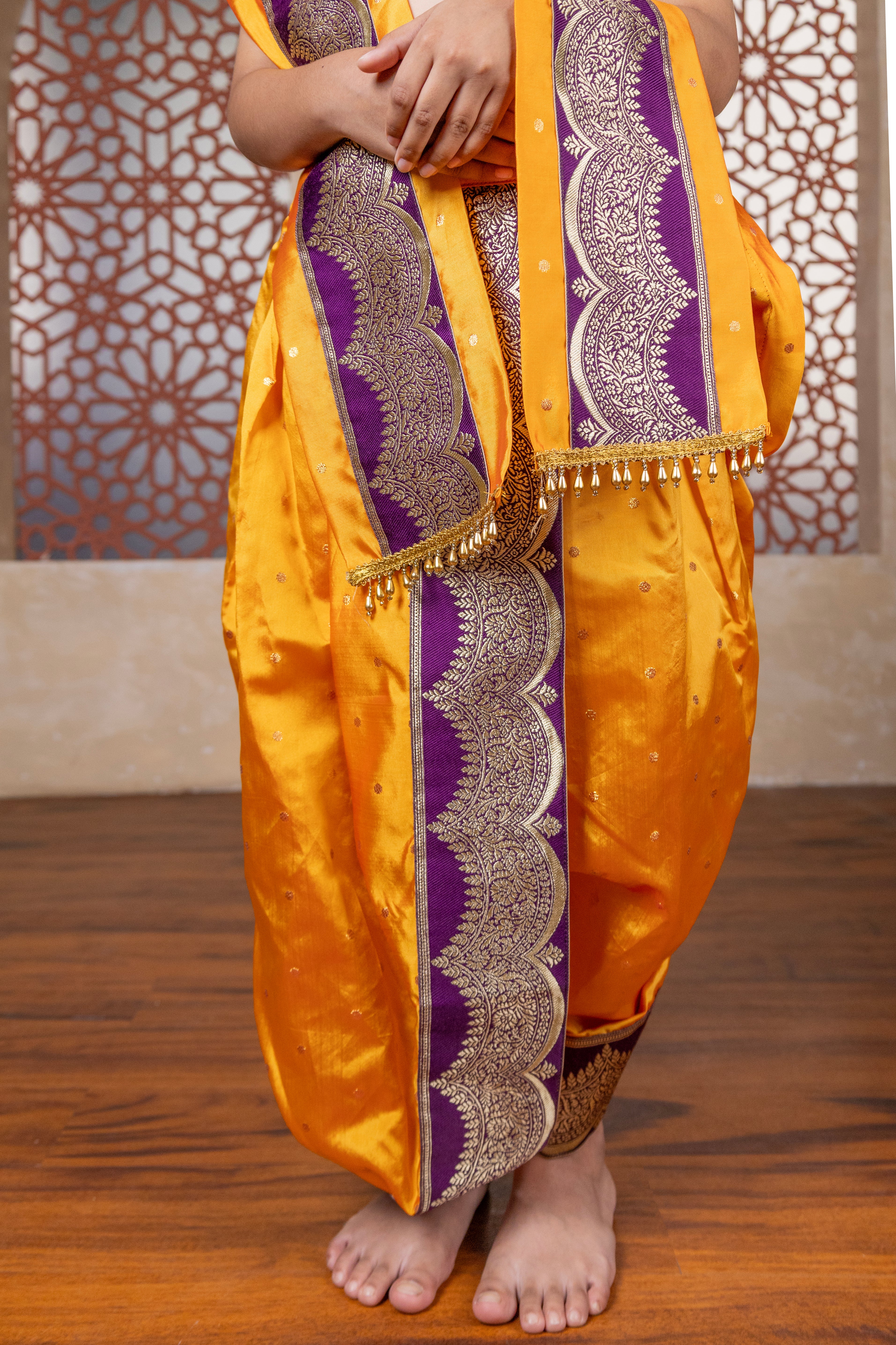 Mango Yellow soft taffeta silk with golden zari motifs sovale Uparane set with broad wine coloured banarasi  border for Batu